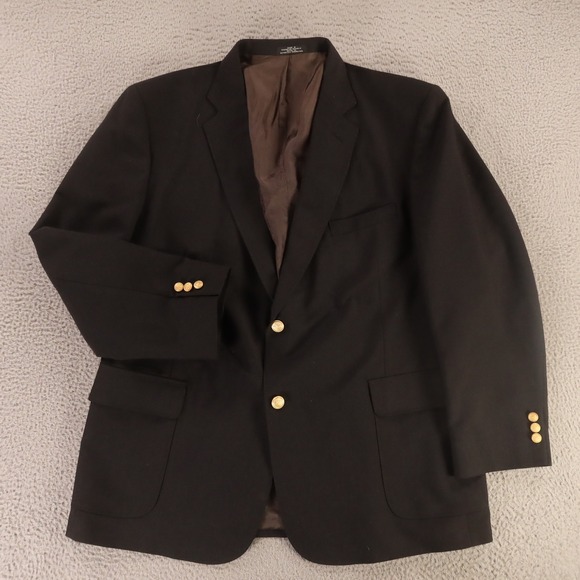 VTG Hopsack Jacket XL Black Polyester Wool Blazer Sport Coat Crested Buttons 46R